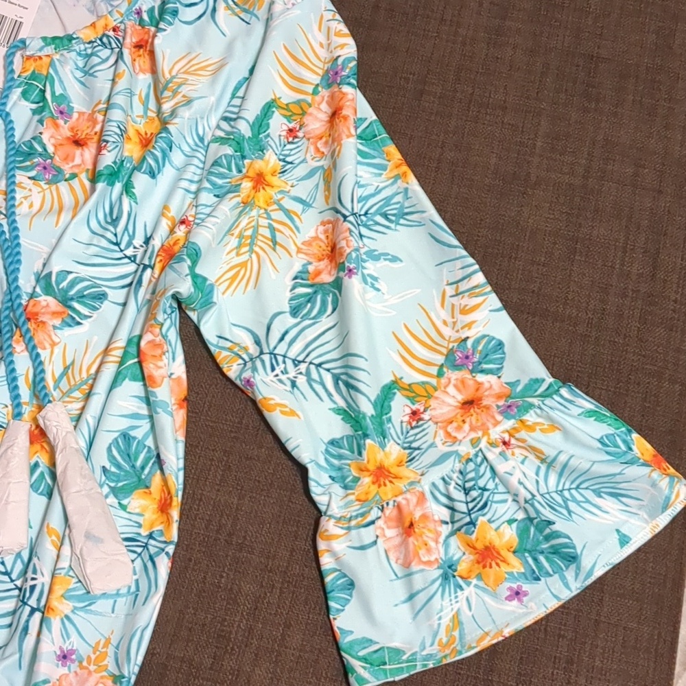 CABANA LIFE Floral/Cayman-Ruffle 3/4 Sleeves-Pockets-Tassels V Neck- UPF50+ - Picture 7 of 12